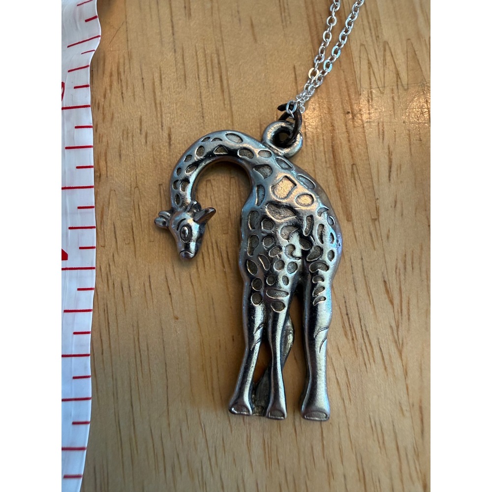 Silver Tone Giraffe Pendant Necklace Animal Spotted Textured Charm 18 Inch Chain